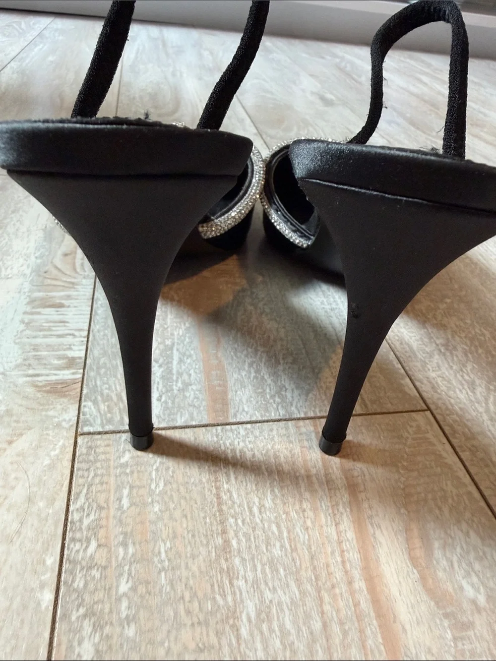 Steve Madden Black Satin Pointed Toe Mule Heels with Crystal Bow Trim